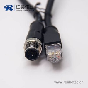 m12轉rj45 8芯不帶屏蔽m12公頭A型轉RJ45水晶頭組裝電纜 1M AWG24