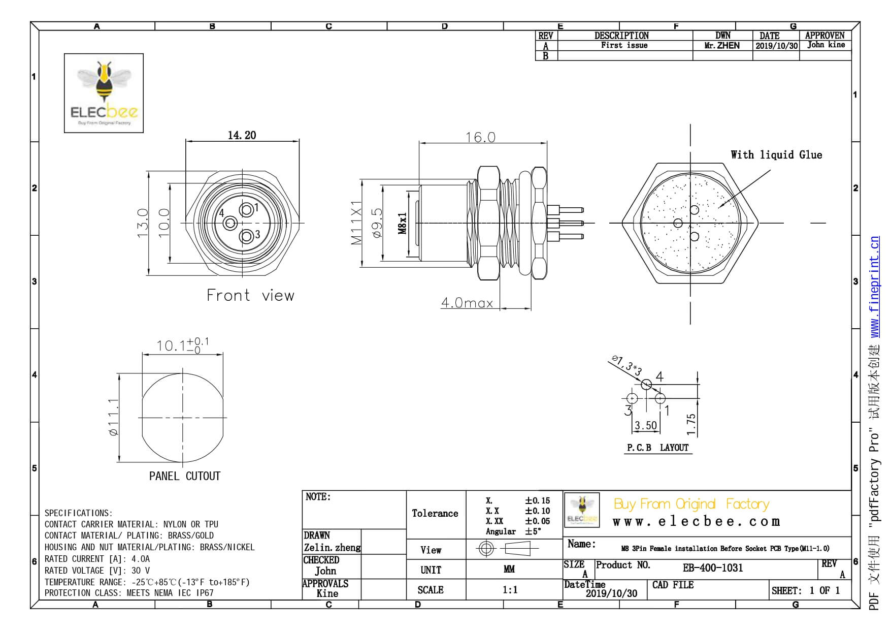 M8 3芯連接器直式PCB板端前鎖連接器A型3芯防水母插座傳感器