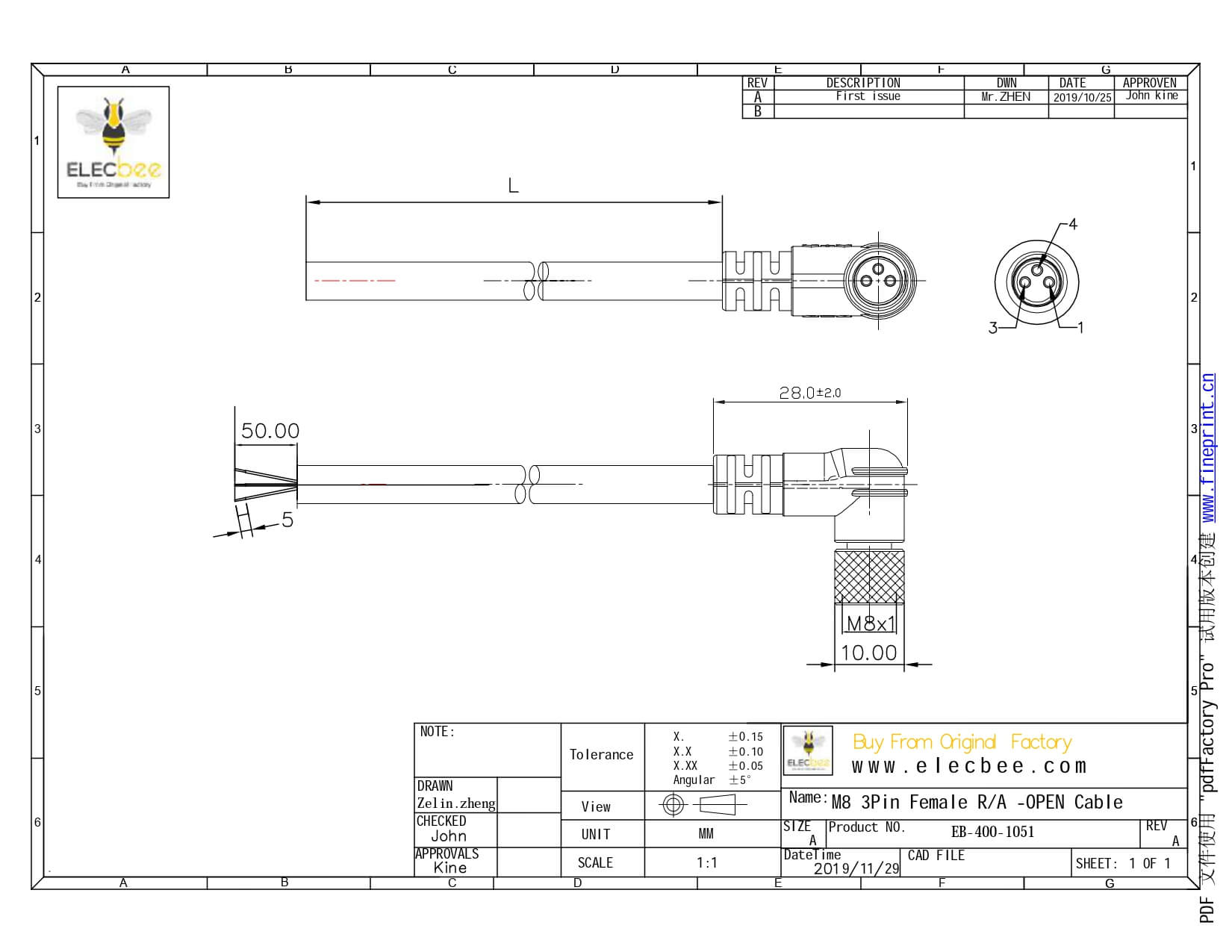 SVL M8連接器注塑成型90度彎角3芯母插頭接1米PUR 24AWG屏蔽線