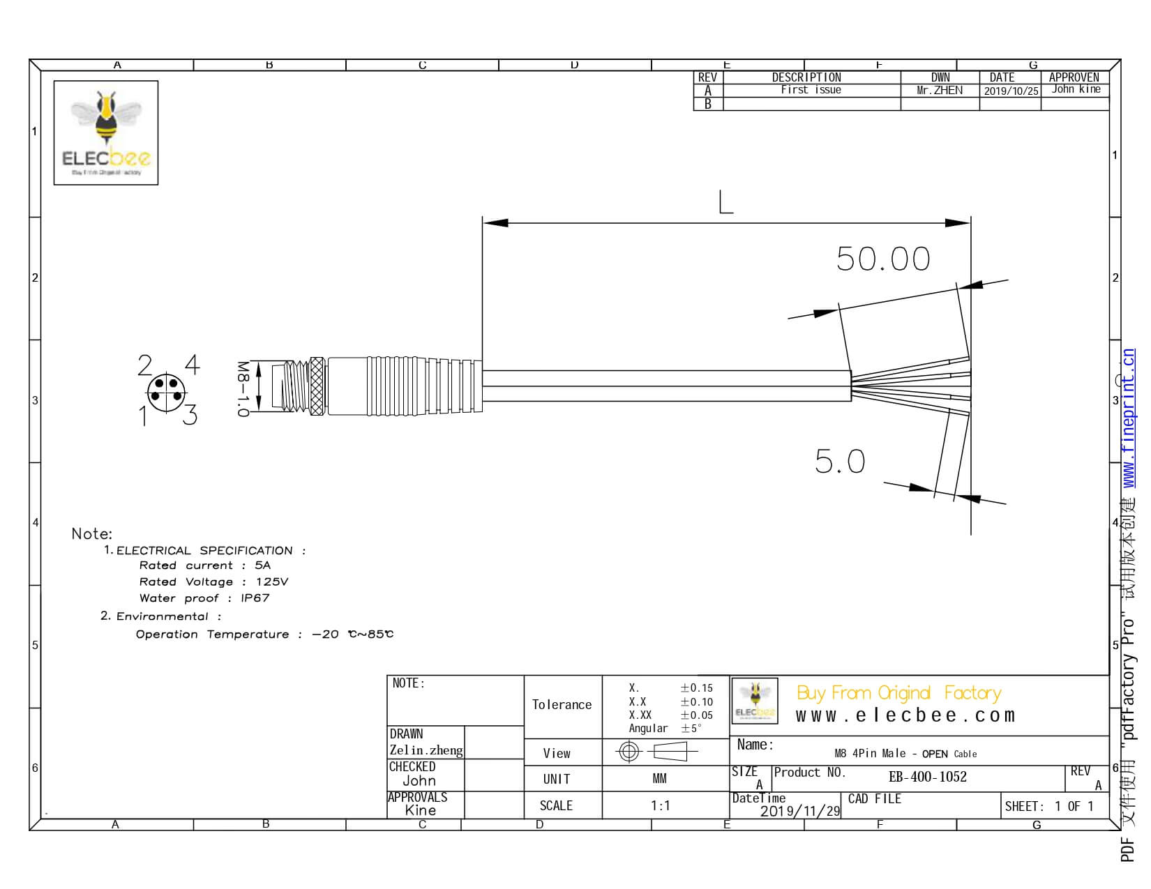 M8連接器直頭公頭注塑成型線4芯母頭連線1米24AWGPUR