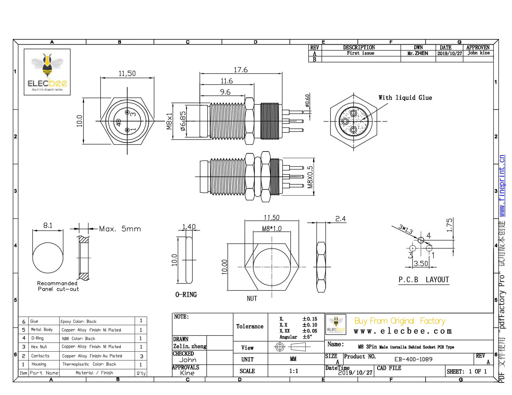 M8板端連接器A型PCB插板后鎖3芯公插座連接器定制