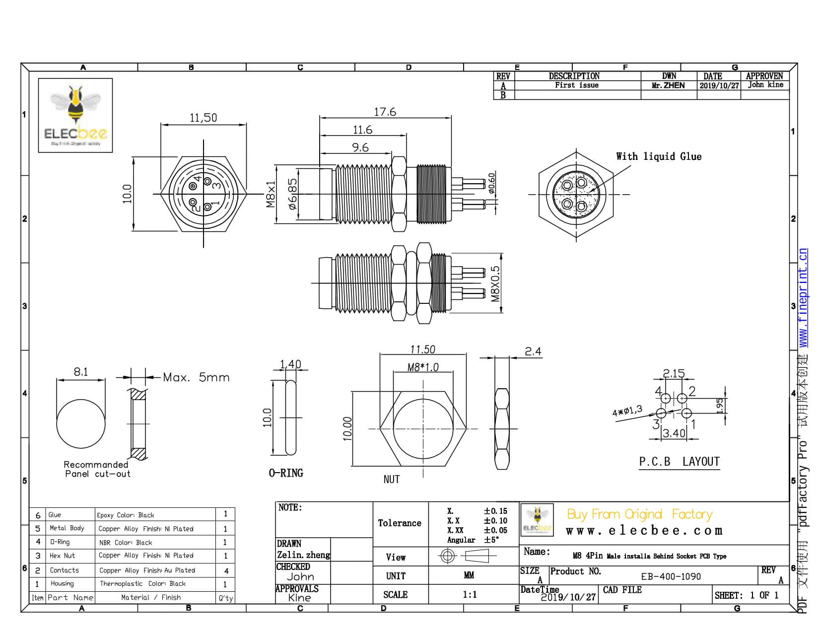 M8防水插座連接器A型PCB板端后鎖4芯公插座傳感器廠家