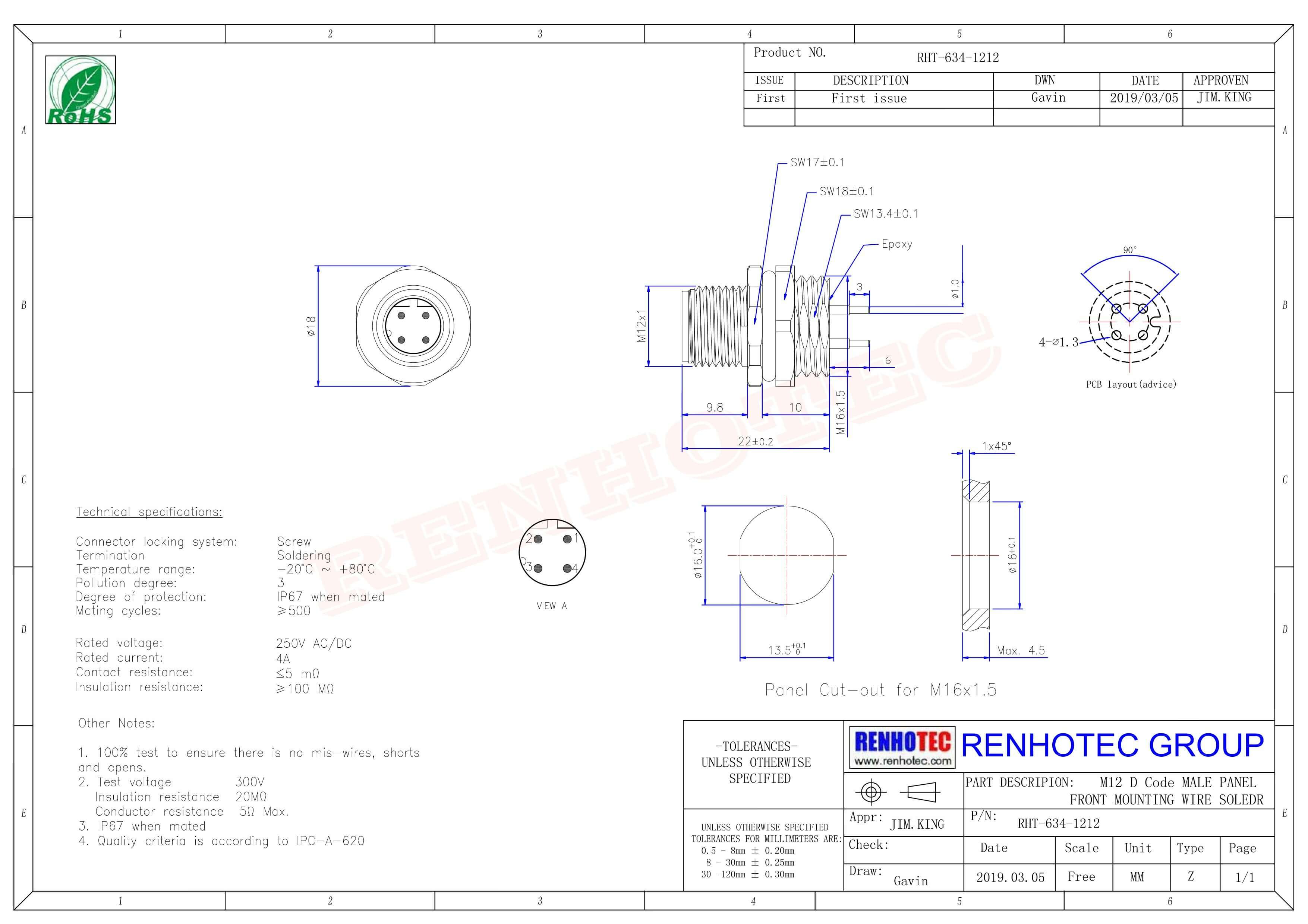 M12連接器4芯板端D型公座PCB插板式后鎖工業(yè)防水傳感連接器