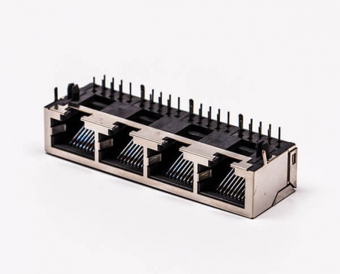 4口rj45插座母頭帶屏蔽銅殼90°無燈接PCB板