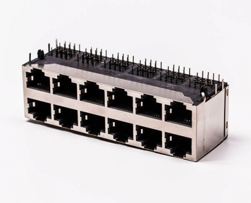 12口rj45銅殼2*6雙排屏蔽無燈無彈片母座接PCB